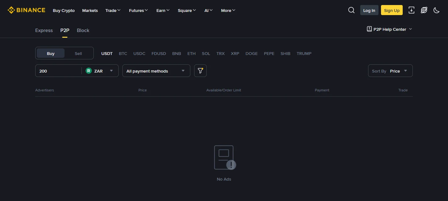 Binance P2P ZAR market with 200 typed into the transaction amount box, showing an empty advertiser list and a "No Ads" message