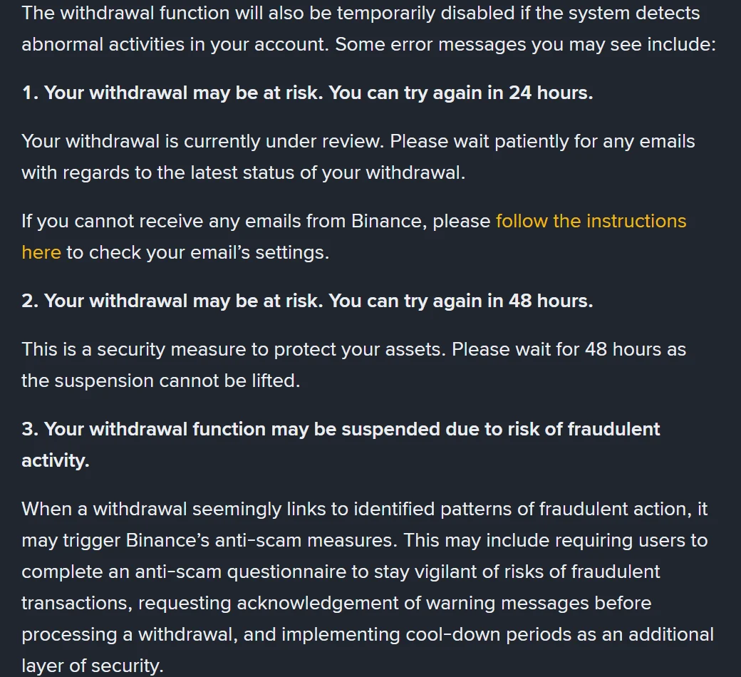 Binance help page listing three withdrawal error messages: try again in 24 hours, 48 hours, or risk of fraudulent activity