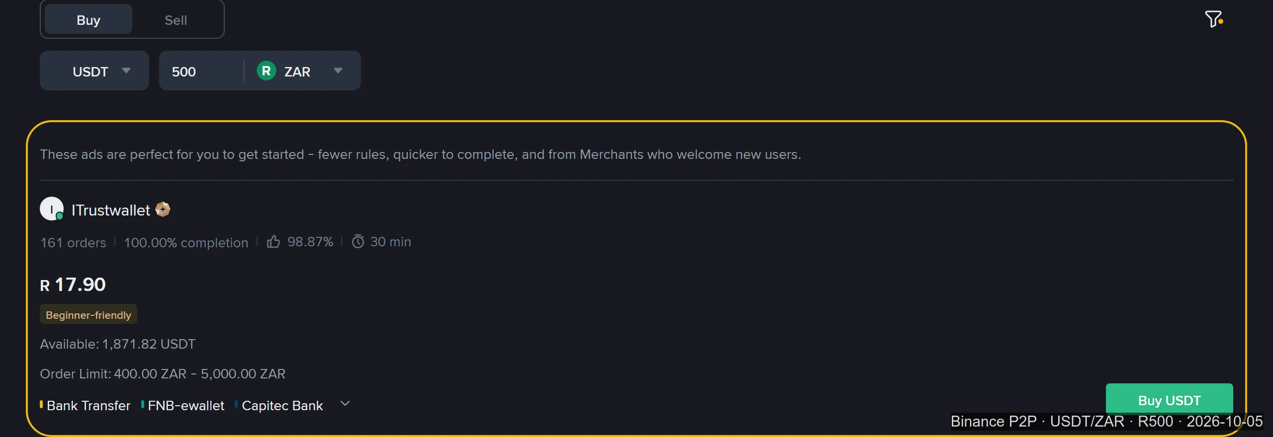 Binance P2P se ZAR-mark met 500 ingetik; 'n uitgeligte blok bo-aan wys 'n Beginner-friendly advertensie teen R17,90 met 'n bestellimiet van R400 tot R5 000