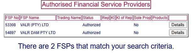 Resultaat van die FSCA-soektog op VALR: twee rye, 53308 VALR (PTY) LTD en 54897 VALR DAM PTY LTD, albei met status Authorized en 'n Details-knoppie regs