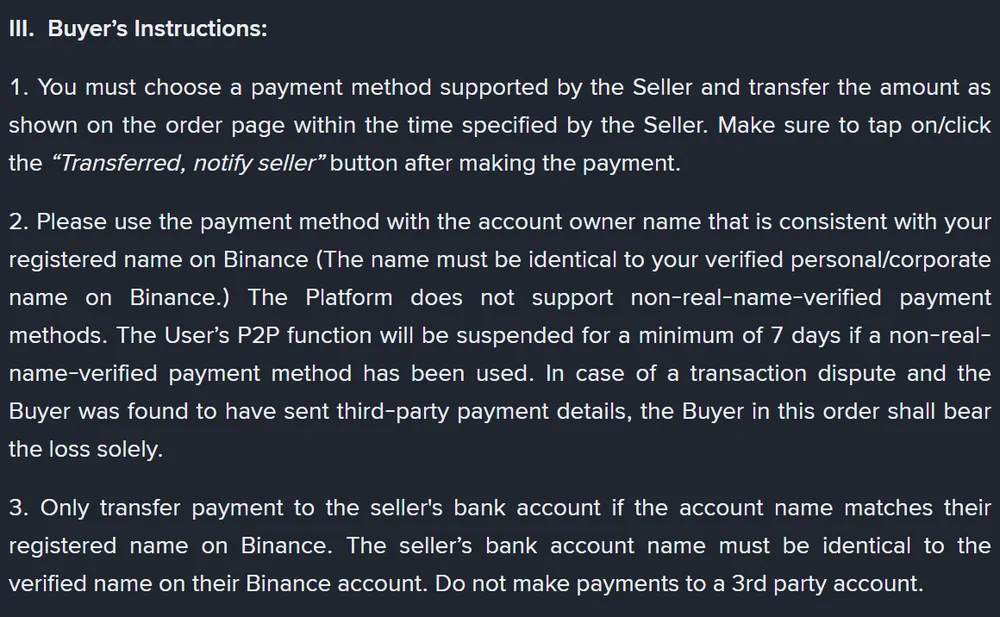 Binance P2P policy, Buyer's Instructions clauses 1 to 3: the paying account name must match the verified Binance name and buyers must not pay a third-party account