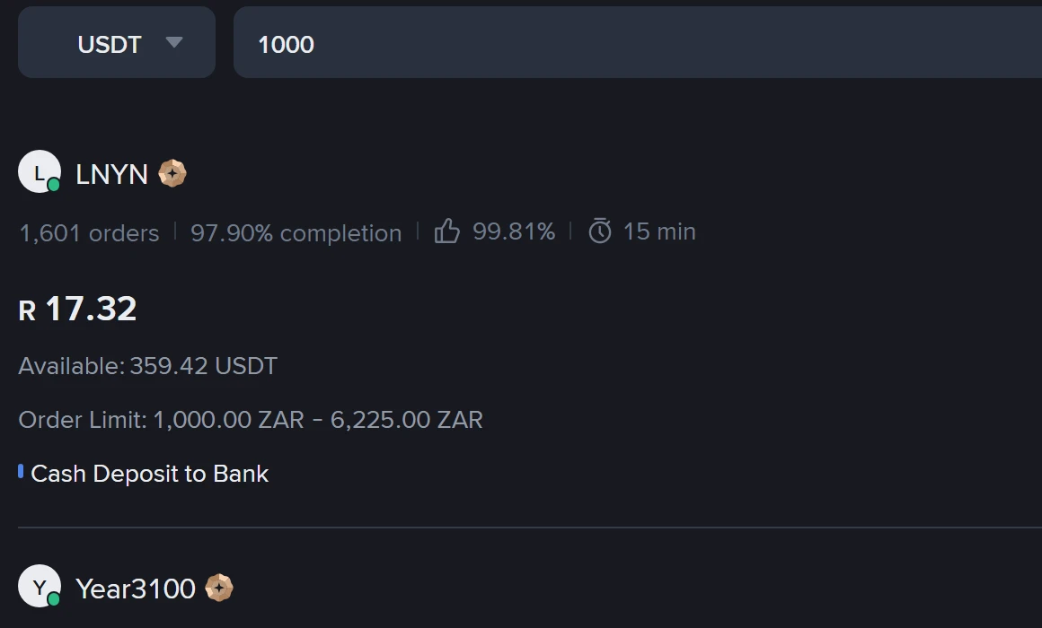 Binance P2P buy list with 1000 in the transaction amount box: the top advertisement is R17.32, with 359.42 USDT available, an order limit of R1,000.00 to R6,225.00 ZAR and Cash Deposit to Bank as the only payment method