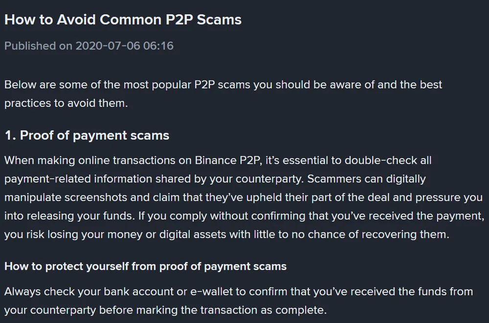 Binance help page section headed "1. Proof of payment scams", explaining that scammers manipulate screenshots and advising sellers to check their bank account before marking a transaction complete