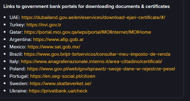 Binance Help Centre list titled Links to government bank portals for downloading documents and certificates, with eleven entries for UAE, Turkey, Qatar, Argentina, Mexico, Brazil, Italy, Poland, Portugal, Sweden and Ukraine, and no South African entry