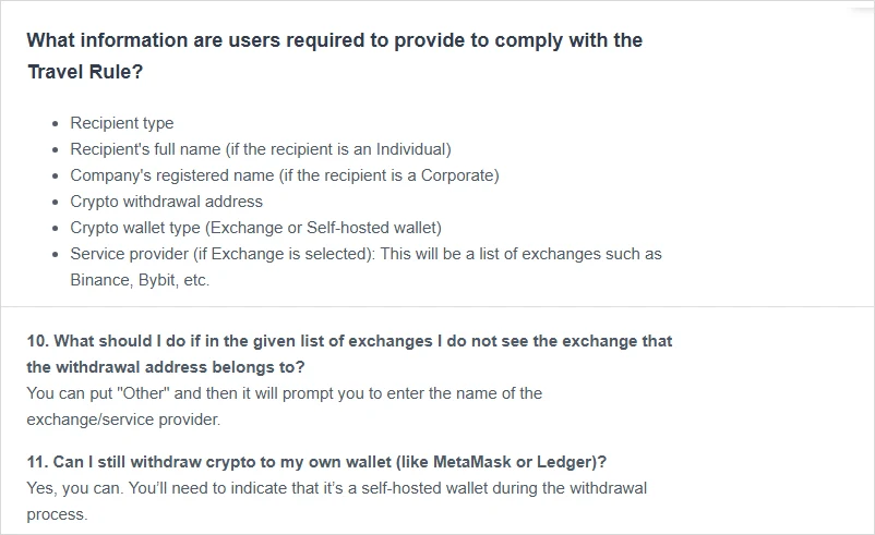 VALR se hulpartikel met die afdeling "What information are users required to provide to comply with the Travel Rule?" wat ses punte lys — ontvangertipe, ontvanger se volle naam, maatskappy se geregistreerde naam, onttrekkingsadres, beursietipe en diensverskaffer — gevolg deur vraag 10 oor die keuse "Other" en vraag 11 oor onttrekkings na 'n eie beursie