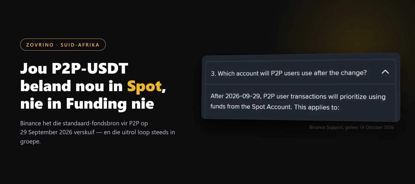 Binance P2P: beland jou USDT in die Spot- of die Funding-rekening?