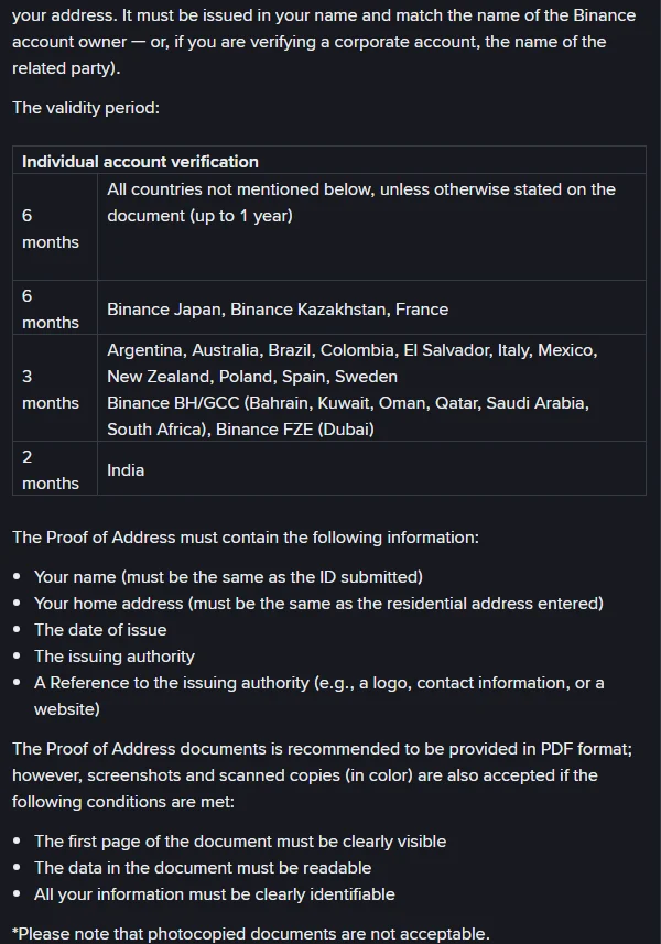 Binance FAQ proof of address section showing the individual account validity table: 6 months for all countries not mentioned, 6 months for Binance Japan, Binance Kazakhstan and France, 3 months for a row that includes Binance BH/GCC (Bahrain, Kuwait, Oman, Qatar, Saudi Arabia, South Africa), and 2 months for India, followed by the required details of name, home address, date of issue, issuing authority and a reference to the issuer, and a note that photocopied documents are not acceptable