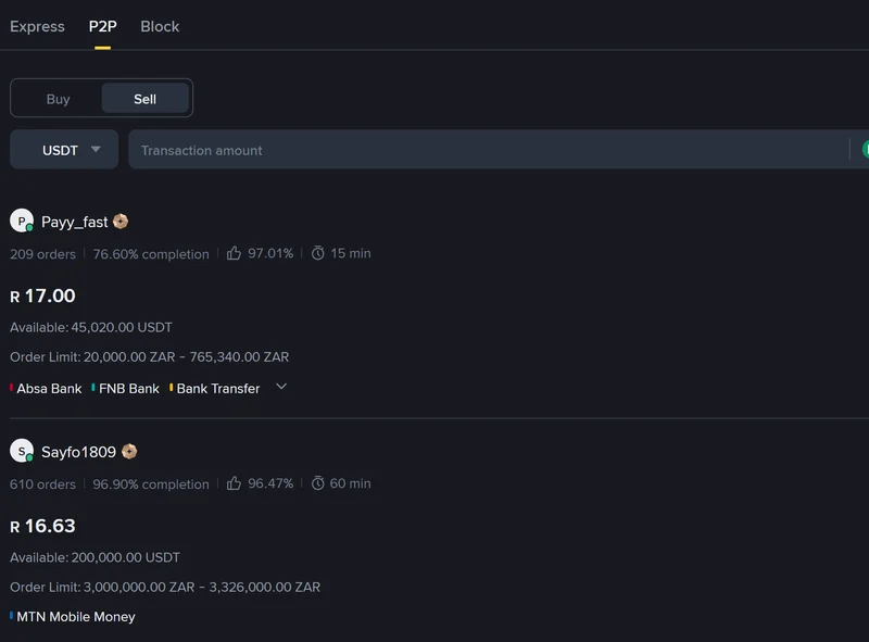 Binance P2P sell page for USDT against the rand on 30 October 2026, showing live merchant advertisements at R17.00 and R16.63 with order limits and bank payment methods
