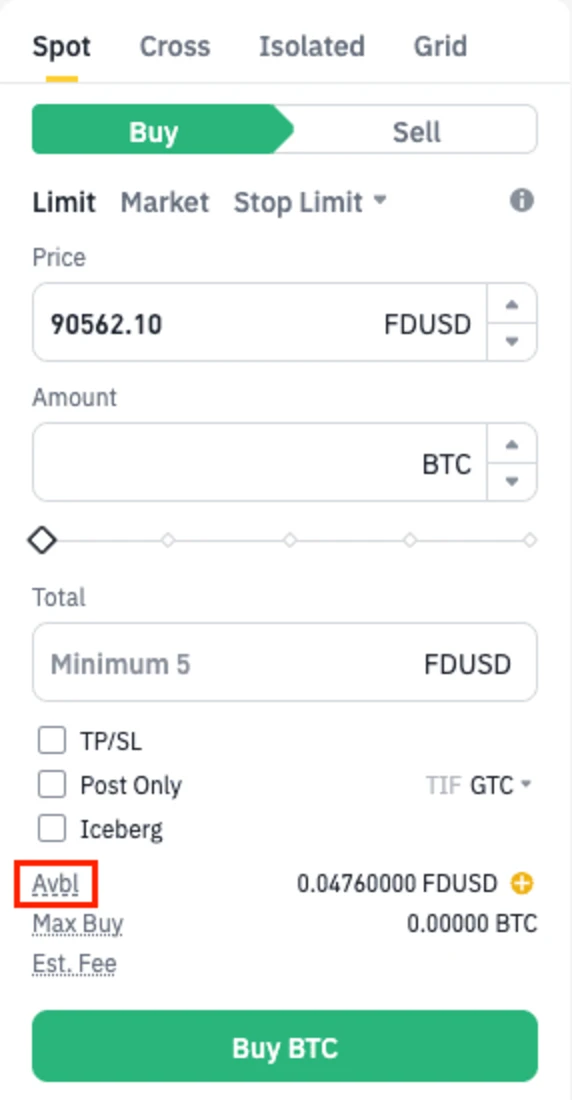 Binance spot order form from the official help page, showing the Avbl link outlined in red above the Buy BTC button