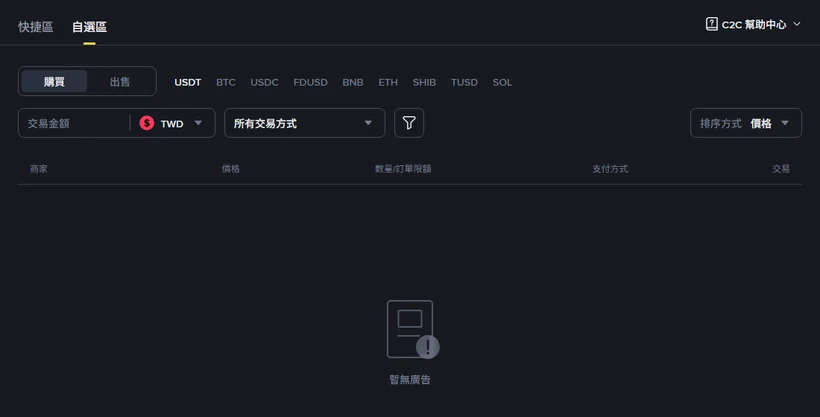 幣安 P2P 台幣市場 USDT 購買頁,列表區顯示「暫無廣告」
