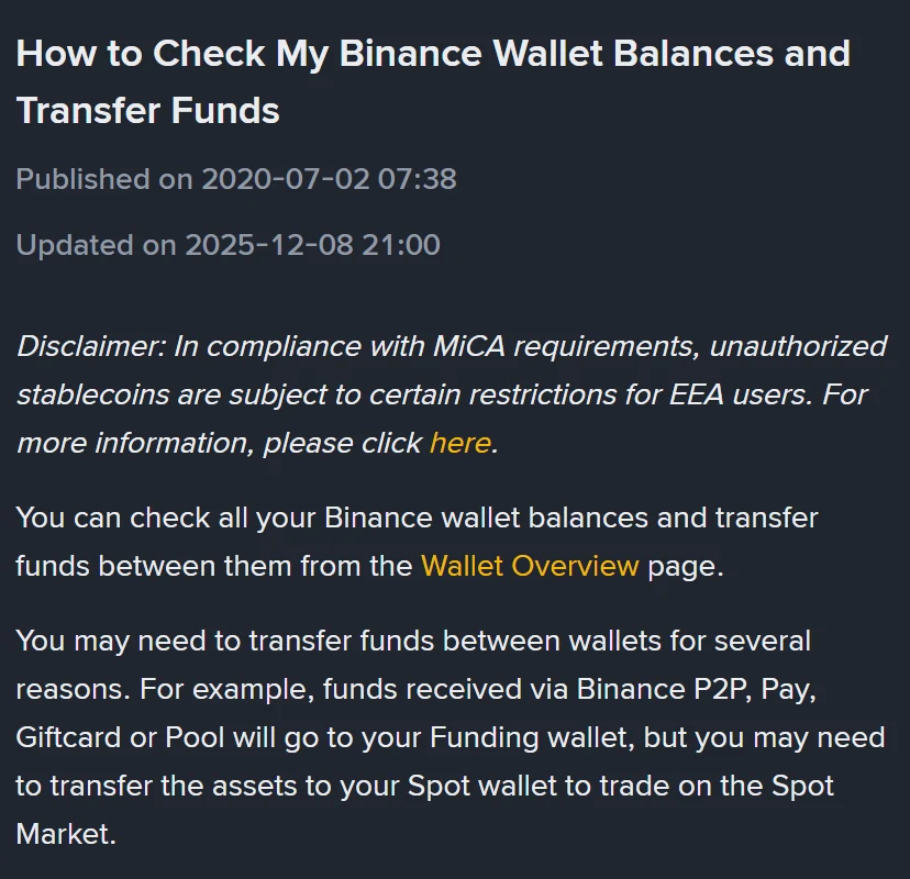 Binance-hulpbladsy How to Check My Binance Wallet Balances and Transfer Funds, gepubliseer 2020-07-02 en bygewerk 2025-12-08, met die paragraaf wat sê fondse wat via Binance P2P, Pay, Giftcard of Pool ontvang word gaan na jou Funding-beursie