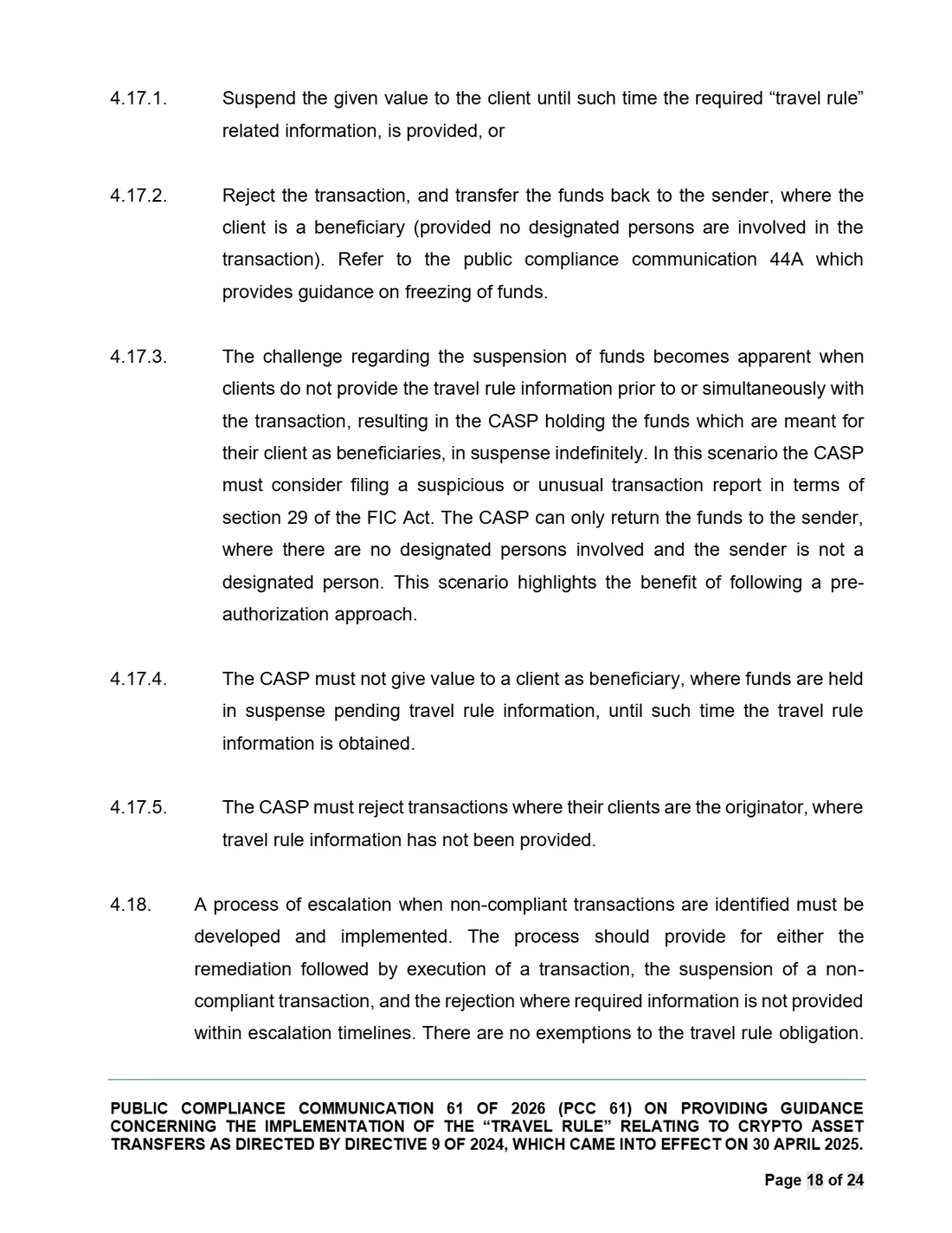 Page 18 of the Financial Intelligence Centre's Public Compliance Communication 61 of 2026, showing paragraphs 4.17.1 to 4.18: suspend the given value until the information is provided; reject the transaction and transfer the funds back to the sender where the client is a beneficiary; consider filing a suspicious or unusual transaction report where funds sit in suspense indefinitely; must not give value to a client as beneficiary while funds are held pending travel rule information; must reject transactions where the client is the originator; and a closing line stating there are no exemptions to the travel rule obligation