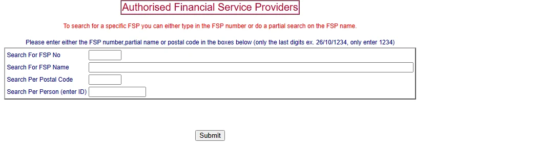 Die FSCA se FSP-soekblad met die velde Search For FSP No, Search For FSP Name, Search Per Postal Code en Search Per Person, en 'n Submit-knoppie