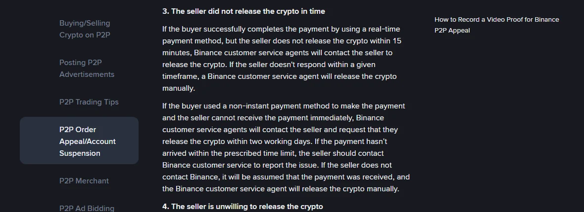 Afdeling 3 van Binance se P2P Appeal Handling Rules, wat die 15-minuut-reël vir intydse betalings en die twee-werksdae-reël vir nie-intydse betalings uiteensit