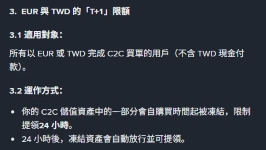 幣安幫助中心繁體中文頁面第 3 節截圖，標題「3. EUR 與 TWD 的「T+1」限額」，3.1 適用對象寫「所有以 EUR 或 TWD 完成 C2C 買單的用戶（不含 TWD 現金付款）」，3.2 運作方式以兩點寫明你的 C2C 儲值資產中的一部分會自購買時間起被凍結限制提領 24 小時、24 小時後凍結資產會自動放行並可提領