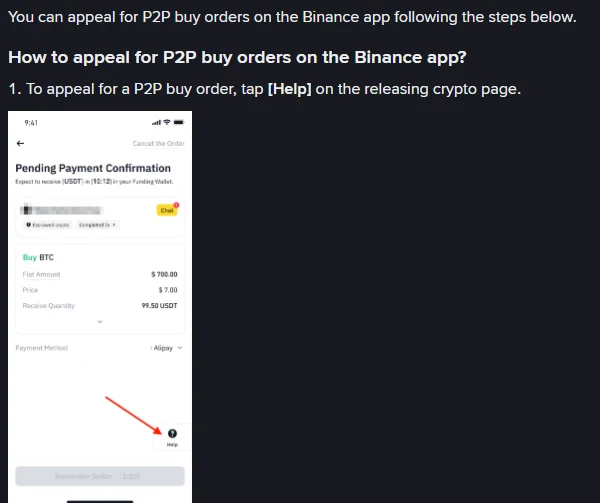 Binance help page: step 1 of appealing a P2P buy order, tap Help on the releasing crypto page