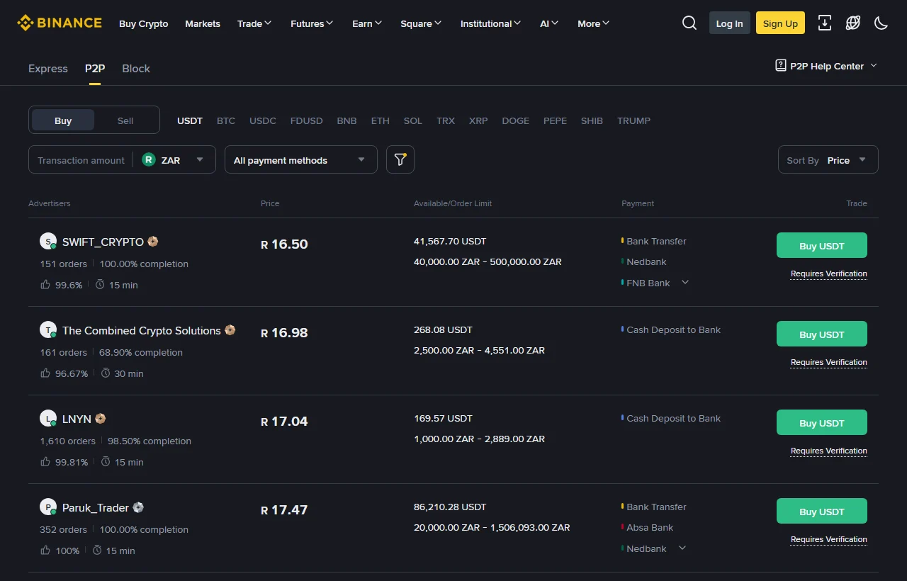 Binance se openbare P2P-koopadvertensies vir USDT/ZAR op 29 September 2026, met pryse, bestellingslimiete, betaalmetodes en die klokikoon wat die koper se betaalvenster wys
