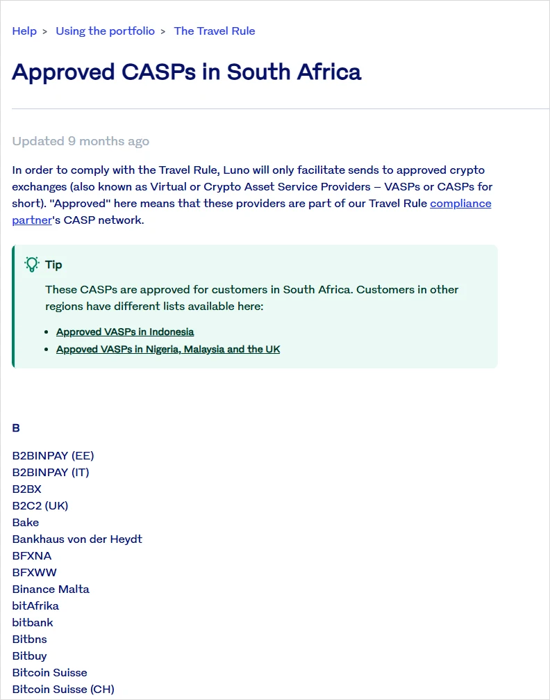Luno se hulpsentrumartikel "Approved CASPs in South Africa", met die verduideliking dat Luno net stuur na beurse wat deel is van sy Travel Rule-nakomingsvennoot se CASP-netwerk, gevolg deur die B-afdeling van die alfabetiese lys waar Binance Malta tussen BFXWW en bitAfrika verskyn
