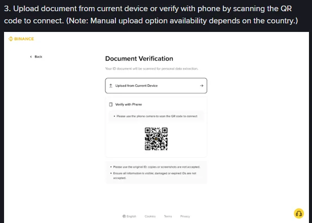 Binance FAQ step 3 sample screen titled Document Verification, with options to upload from the current device or verify with a phone by scanning a QR code, and two rules underneath: use the original ID because copies or screenshots are not accepted, and make sure all information is visible because damaged or expired IDs are not accepted
