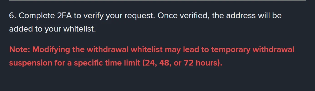 Red note on Binance's withdrawal settings page: editing the withdrawal whitelist may suspend withdrawals 24, 48 or 72 hours