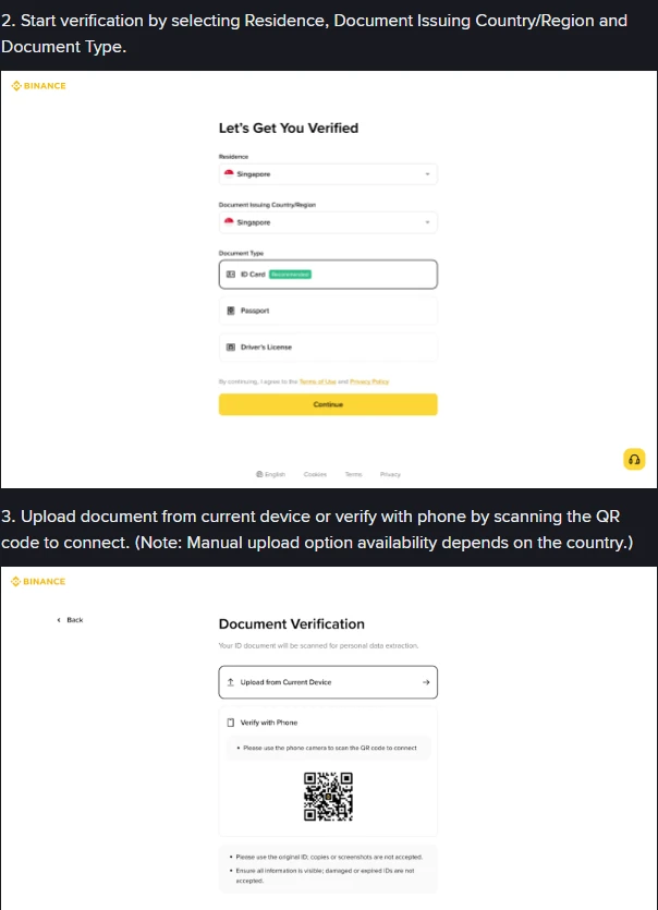 Binance se FAQ-voorbeeldskerms vir stap 2 en stap 3: ’n “Let’s Get You Verified”-skerm met keuselyste vir Residence, Document Issuing Country/Region en Document Type (ID Card, Passport, Driver’s License), gevolg deur ’n “Document Verification”-skerm met oplaai vanaf die huidige toestel of verifikasie per telefoon deur ’n QR-kode te skandeer, en onderaan twee reëls: gebruik die oorspronklike ID want afskrifte of skermgrepe word nie aanvaar nie, en sorg dat alle inligting sigbaar is want beskadigde of verval ID’s word nie aanvaar nie