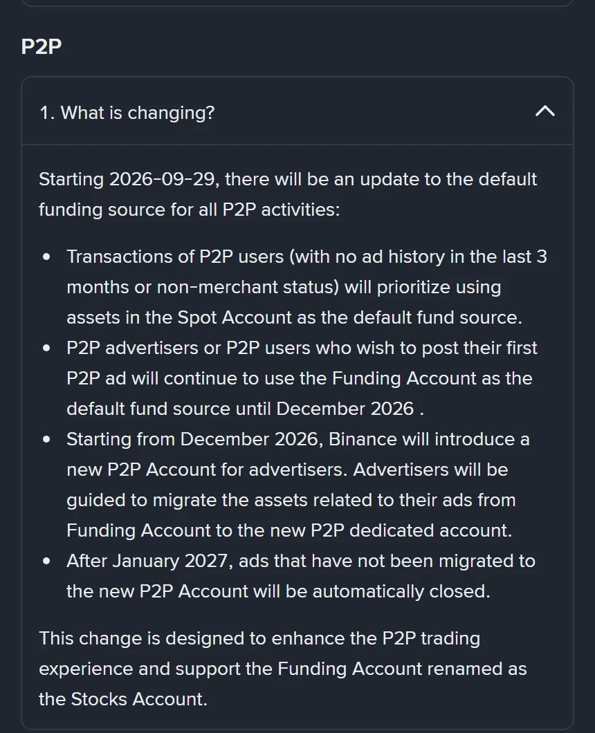 Binance help centre FAQ on Funding Account to Spot Account migration, P2P section, stating that from 2026-09-29 transactions of P2P users with no ad history in the last three months will prioritise using assets in the Spot Account