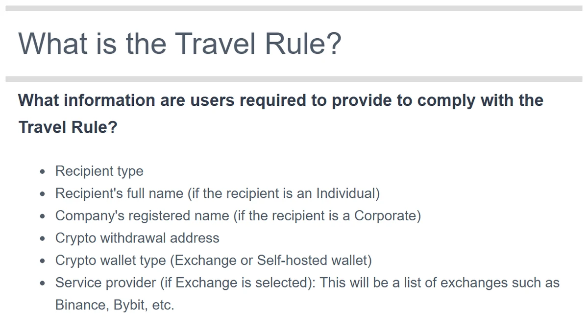VALR Help Center article headed "What is the Travel Rule?" with the section "What information are users required to provide to comply with the Travel Rule?" listing six bullet points: recipient type, recipient's full name if an individual, company's registered name if a corporate, crypto withdrawal address, crypto wallet type (exchange or self-hosted wallet), and service provider if exchange is selected, described as a list of exchanges such as Binance and Bybit