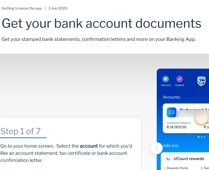 Standard Bank help page titled Get your bank account documents, with the line about getting stamped bank statements and confirmation letters on the Banking App, and step 1 of 7 instructing the user to select the account for which they want a statement, tax certificate or bank account confirmation letter