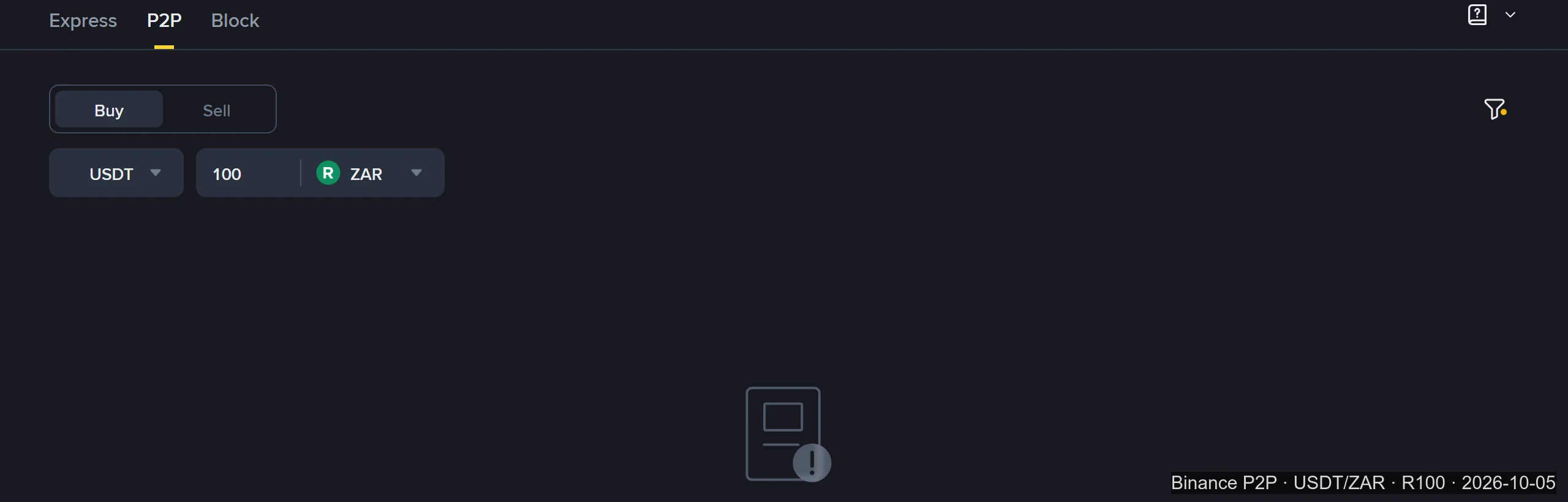 Binance P2P se ZAR-mark met 100 in die bedrag-blokkie; die advertensielys is leeg en wys die boodskap No Ads