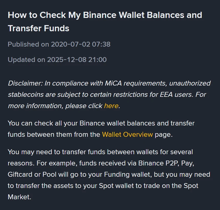 Binance help page How to Check My Binance Wallet Balances and Transfer Funds, published 2020-07-02 and updated 2025-12-08, stating that funds received via Binance P2P, Pay, Giftcard or Pool will go to your Funding wallet