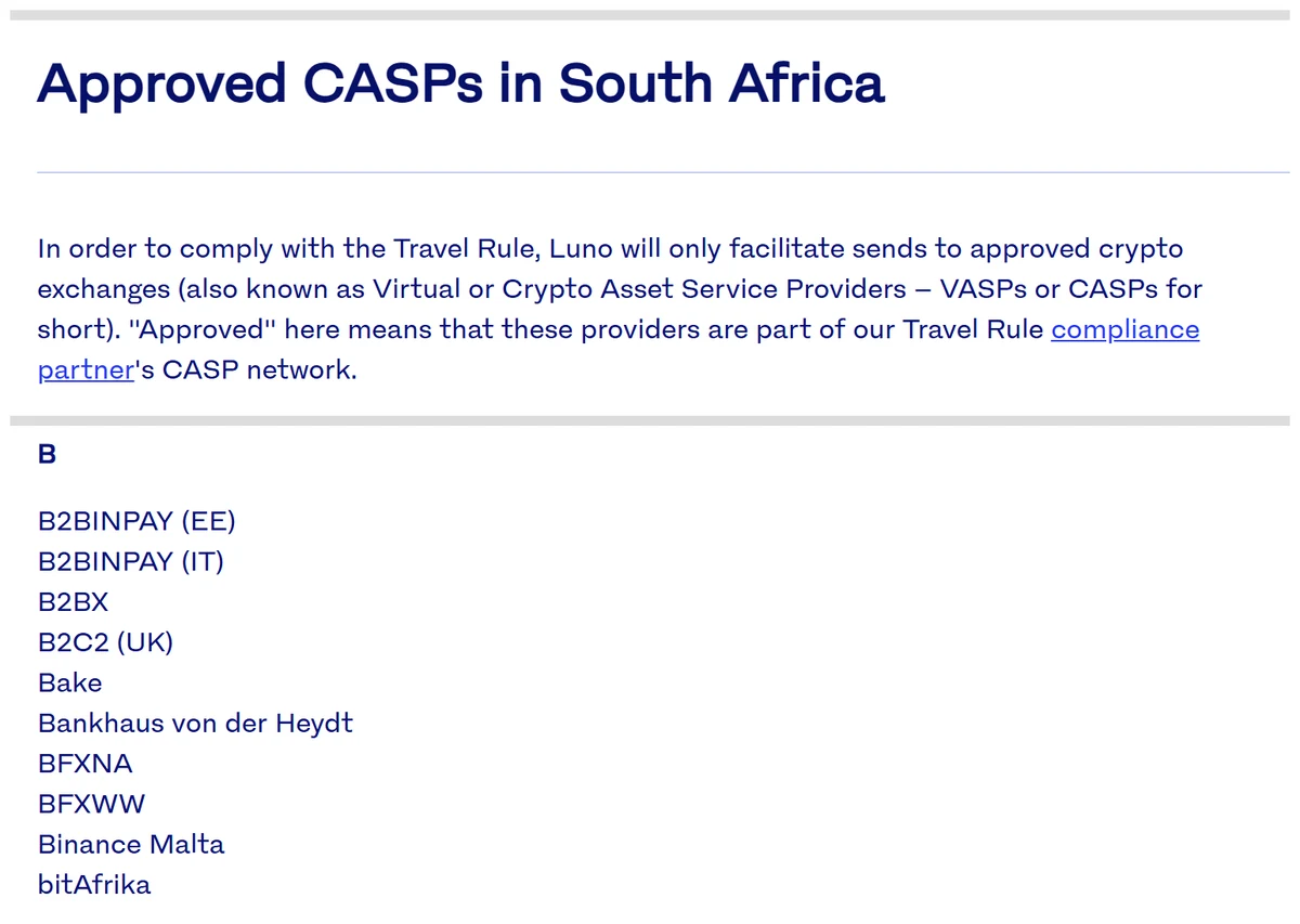 Luno help centre article headed "Approved CASPs in South Africa", explaining that Luno will only facilitate sends to approved crypto exchanges that form part of its Travel Rule compliance partner's CASP network, followed by the B section of the alphabetical list in which Binance Malta appears between BFXWW and bitAfrika