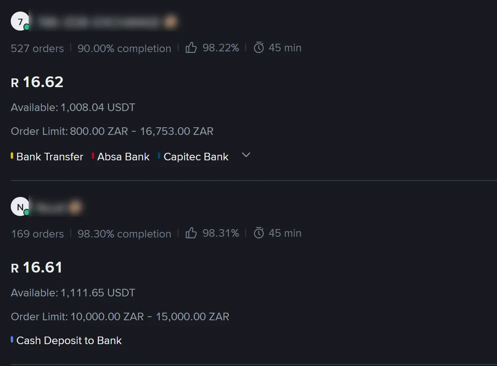 Two Binance P2P sell advertisements in rand: one accepting Bank Transfer, Absa and Capitec, the next accepting only Cash Deposit to Bank