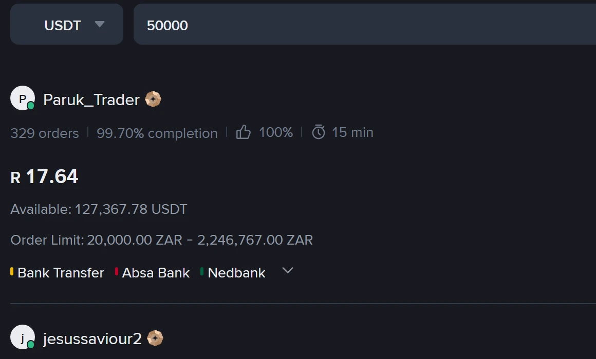 Binance P2P buy list with 50000 in the transaction amount box: the top advertisement is R17.64, with 127,367.78 USDT available, an order limit of R20,000.00 to R2,246,767.00 ZAR and Bank Transfer, Absa Bank and Nedbank as payment methods