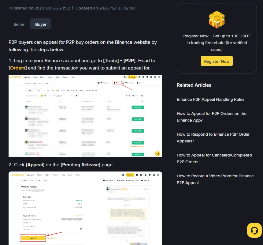 Die Buyer-oortjie van Binance se amptelike hulpbladsy oor hoe om op die webwerf appèl aan te teken, met stap 1 en stap 2 en die bladsy se publikasie- en opdateringsdatums
