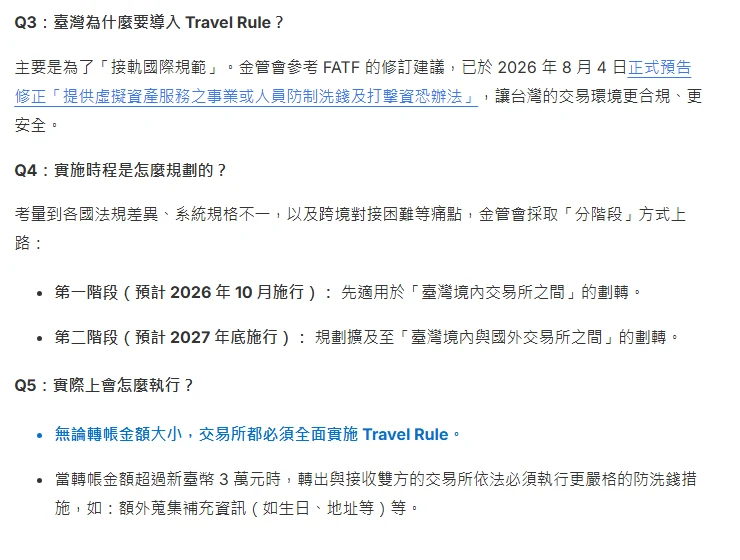 幣託幫助中心「什麼是 Travel Rule(轉帳規則)?」頁面截圖,Q3 說明臺灣導入目的,Q4 列出第一階段預計 2026 年 10 月施行先適用於臺灣境內交易所之間的劃轉、第二階段預計 2027 年底施行擴及臺灣境內與國外交易所之間,Q5 寫明無論轉帳金額大小交易所都必須全面實施,超過新臺幣 3 萬元時須額外蒐集補充資訊