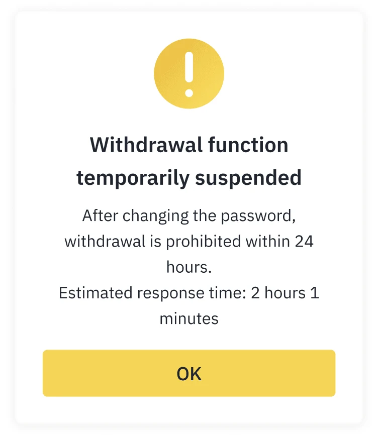 幣安官方說明頁的提示視窗示意圖,標題為 Withdrawal function temporarily suspended,內文寫更改密碼後 24 小時內禁止提領,下方顯示預估回應時間 2 小時 1 分鐘與 OK 按鈕
