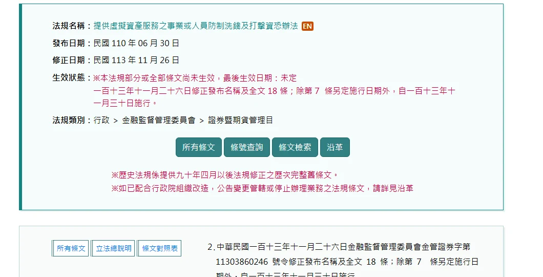 全國法規資料庫「提供虛擬資產服務之事業或人員防制洗錢及打擊資恐辦法」沿革頁截圖,欄位顯示發布日期民國110年06月30日、修正日期民國113年11月26日,生效狀態欄以紅字標示「本法規部分或全部條文尚未生效,最後生效日期:未定」,並註明除第7條另定施行日期外自113年11月30日施行