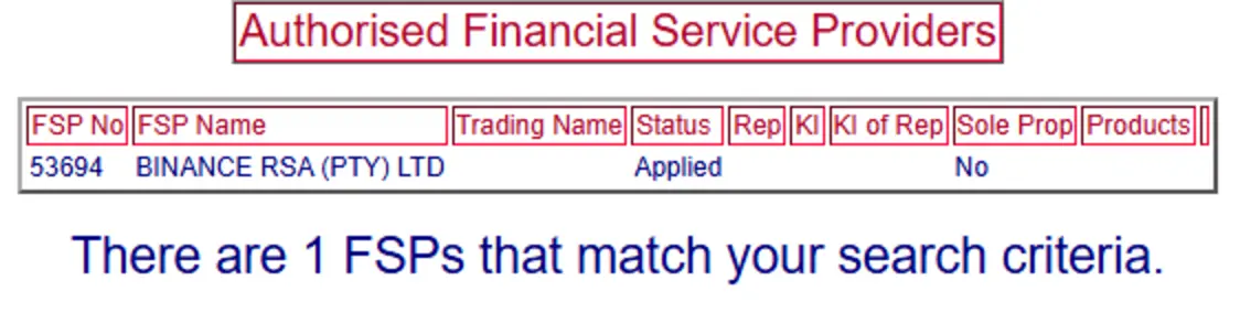 FSCA FSP search result showing one row: FSP number 53694, BINANCE RSA (PTY) LTD, Status column reading Applied